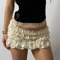 BXOXO y2k Ruched Lace Folds Skirt Summer Low Rise Bow Stitching Mini Skirts for Women Fairycore Elastic Skinny Ladies Bottoms
