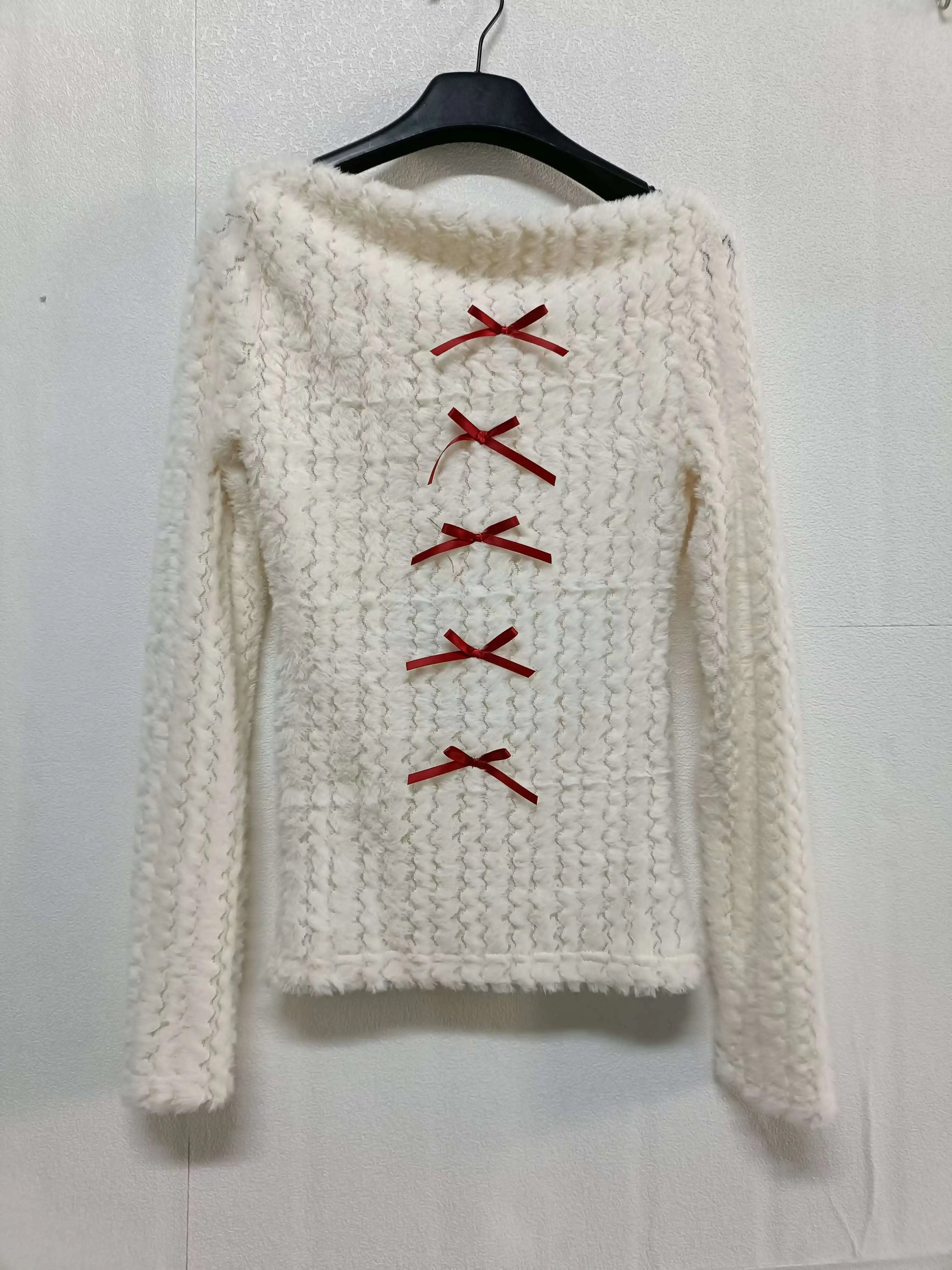 BXOXO Bow Off Shoulder White Knitted Sweater for Women 2025 Early Autumn New Bottoming Tops Mujer Y2k Long Sleeved Pullovers T Shirts