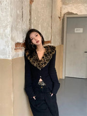 BXOXO American V-neck Leopard Print Fur Collar Cardigan Autumn Winter New Sweaters Coat Women Y2k Slim Fit Long Sleeve Tops Mujer