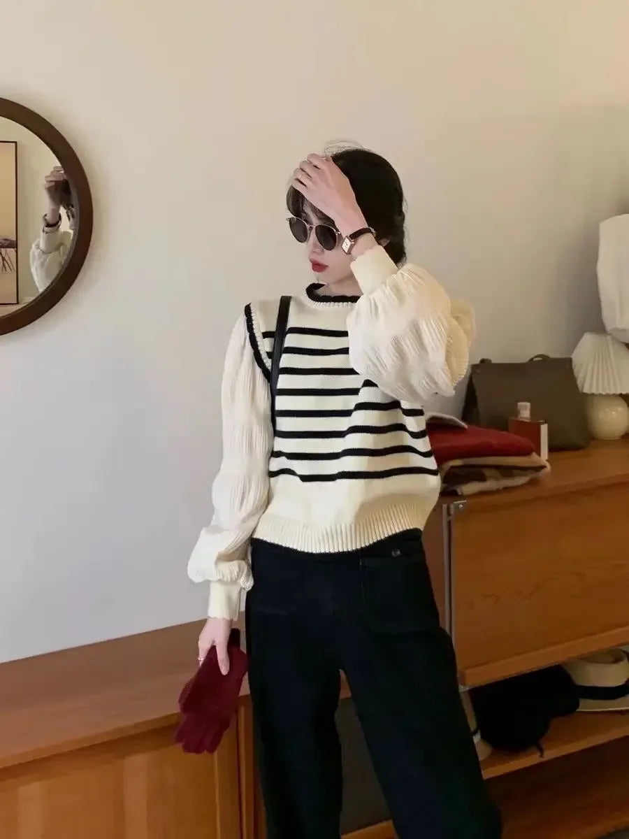 Bxoxo women Black and white striped fake two-piece knitted sweaters pring and autumn Korean soft glutinous pullover sweater female