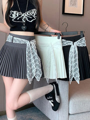 Bxoxo Lace Belt Pleated Skirt Women Sweet High Waist Sexy Mini Skirts Korean Fashion Casual Preppy Style Cute A Line Dance Skirt