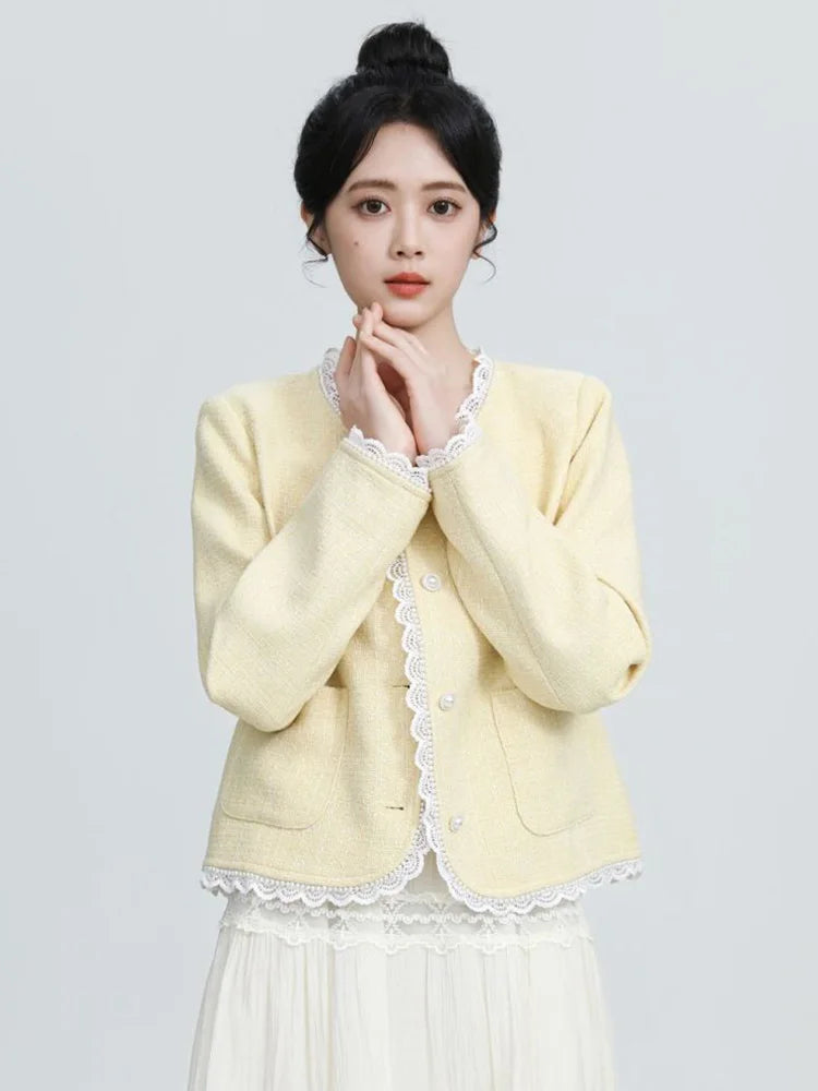 Bxoxo Sweet Yellow Tweed Jackets Women Vintage Lace Patchwork Elegant Short Coat French Retro Casual O Neck Long Sleeve Fall Outwear