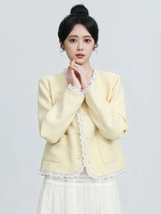 Bxoxo Sweet Yellow Tweed Jackets Women Vintage Lace Patchwork Elegant Short Coat French Retro Casual O Neck Long Sleeve Fall Outwear