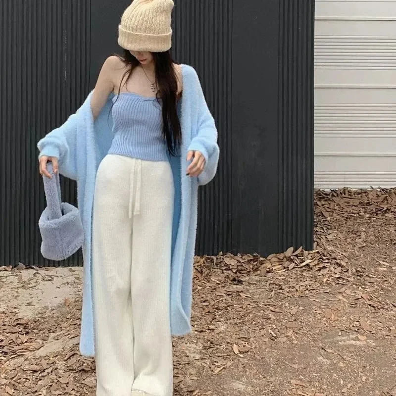 Bxoxo New Imitation Mink Coat Slimming Autumn And Winter Loose Fitting Long Sweater Thickened Lazy Knitted Cardigan Jacket White