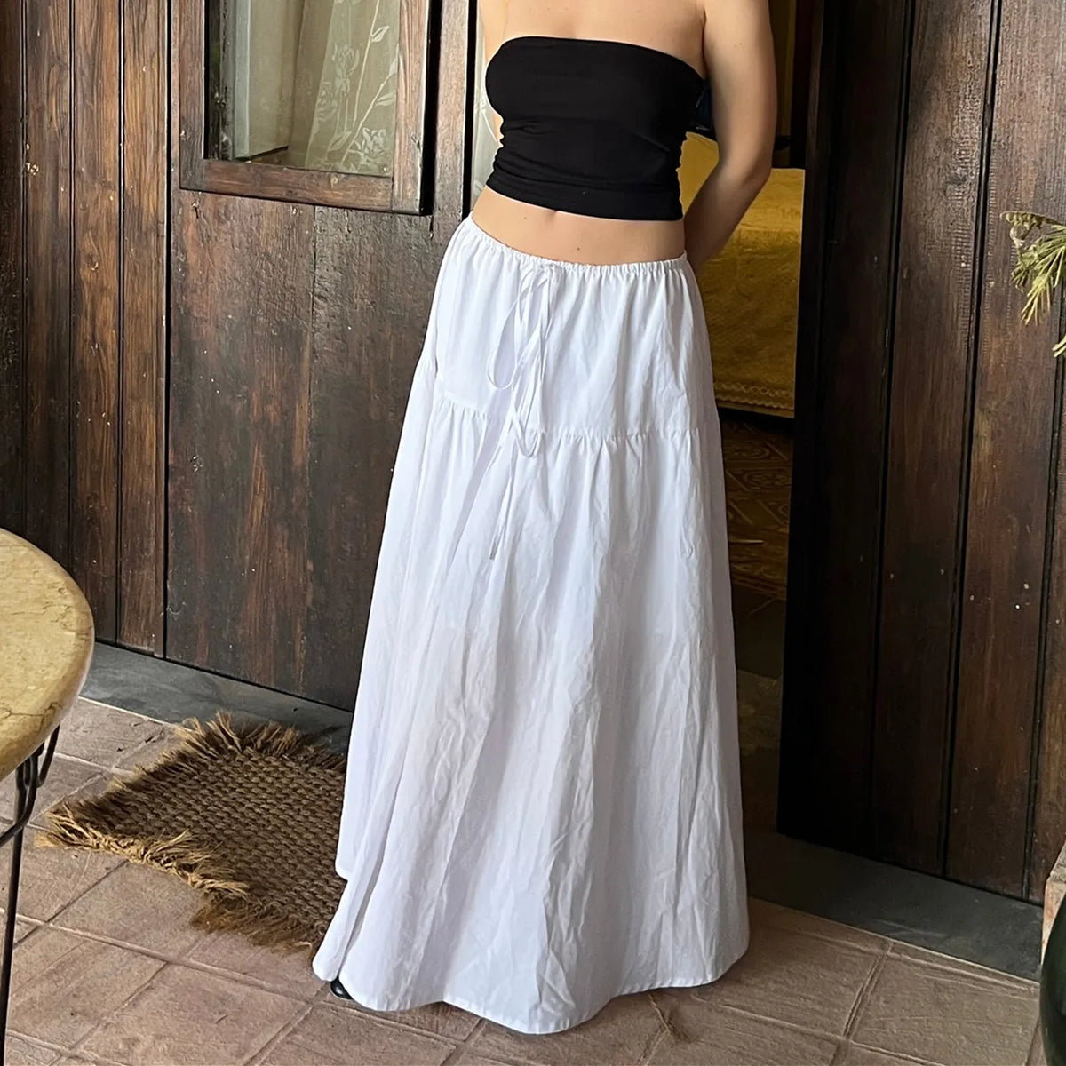 BXOXO Y2k Ruffle Long Skirt for Women Elastic Waist Drawstring Maxi Midi Skirt Flowy A-Line Tiered Skirt Summer Vacation Beachwear