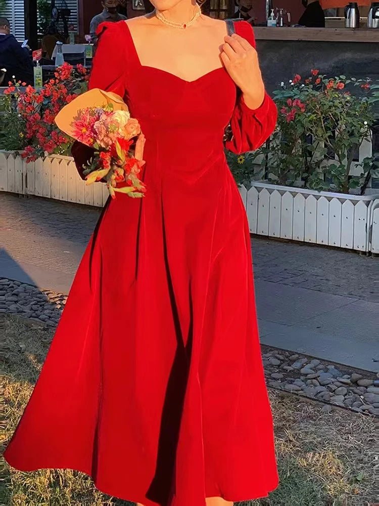 Bxoxo Elegant Velvet Midi Dress Women Vintage Korean Slim V Neck A Line Fairy Dress Female Autumn Long Sleeve All-Match Party Vestidos