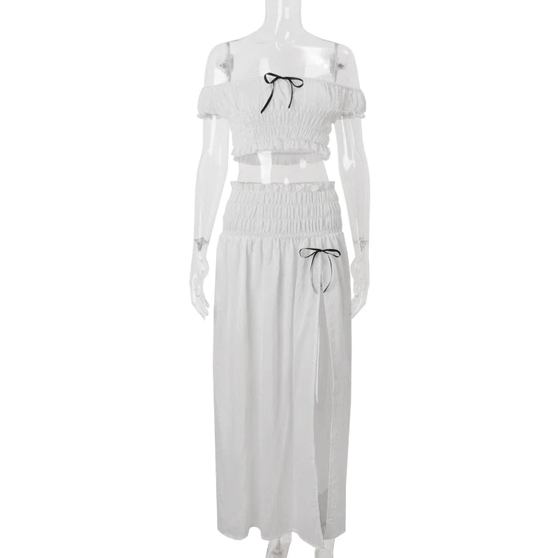 Bxoxo Off Shoulder Sexy Solid All-match Crop Tops and Frilly Ruffle Slit Long Skirt French Summer Vacation Women 2 Piece Set