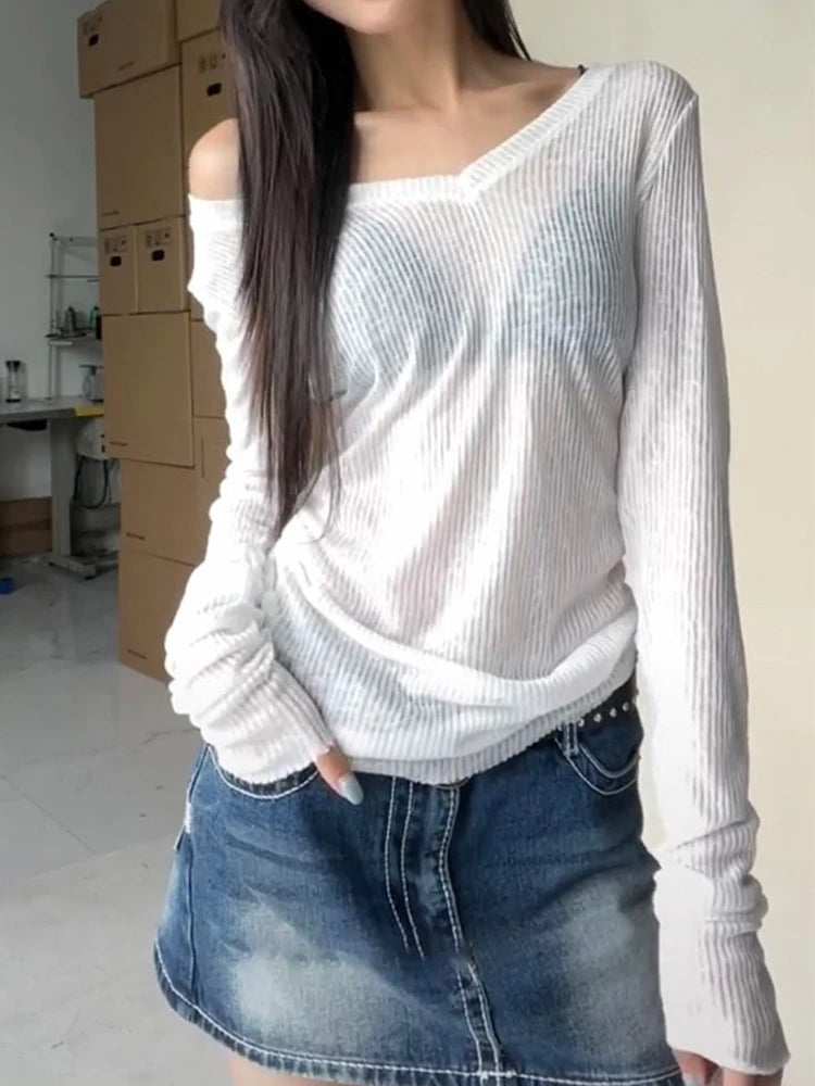 Bxoxo Women Long Sleeve T Shirt Thin Perspective Summer Solid Slim Casual Shirts Female Pullovers Basic Tee Y2k Clothes Streetwear Top