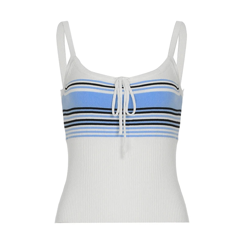 BXOXO Elegant Striped Stitching Knitted Crop Top Casual Lace-up Bow Cute Tees Women Summer Holiday Style Vest y2k Aesthetic Tee