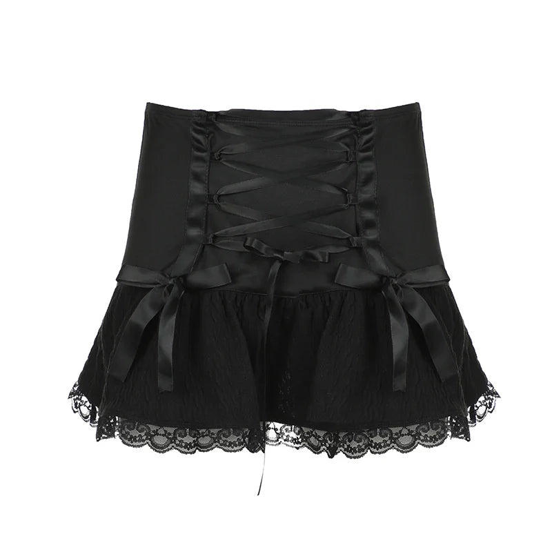 Bxoxo Goth y2k Skirt Women Elegant Low Waist Bowknot Lace Trim Pleated A-line Skirt Halloween Fairycore Skirts Streetwear