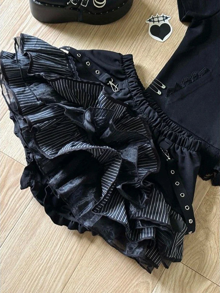 BXOXO Harajuku Girls Stripe Punk Grunge Skirts Women Y2k Aesthetic High Waist Cake Mini Streetwear Lace Vintage Kawaii Mini Jupe