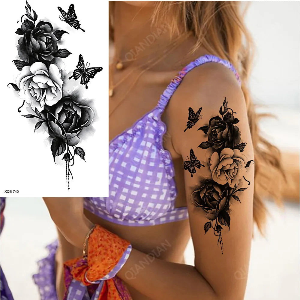 BXOXO Black Flower Waterproof Temporary Tattoo Sticker Beauty Butterfly Rose for Women 3D Flash Body Arm Art Washable Fake Tattoos