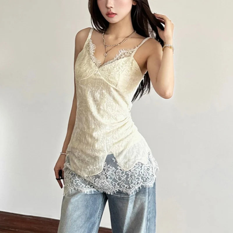 Bxoxo Lace Patchwork V-Neck Camis Women Y2K Summer Sexy Spaghetti Straps Sleeveless Tank Korean Fashion Irregular Female Vest