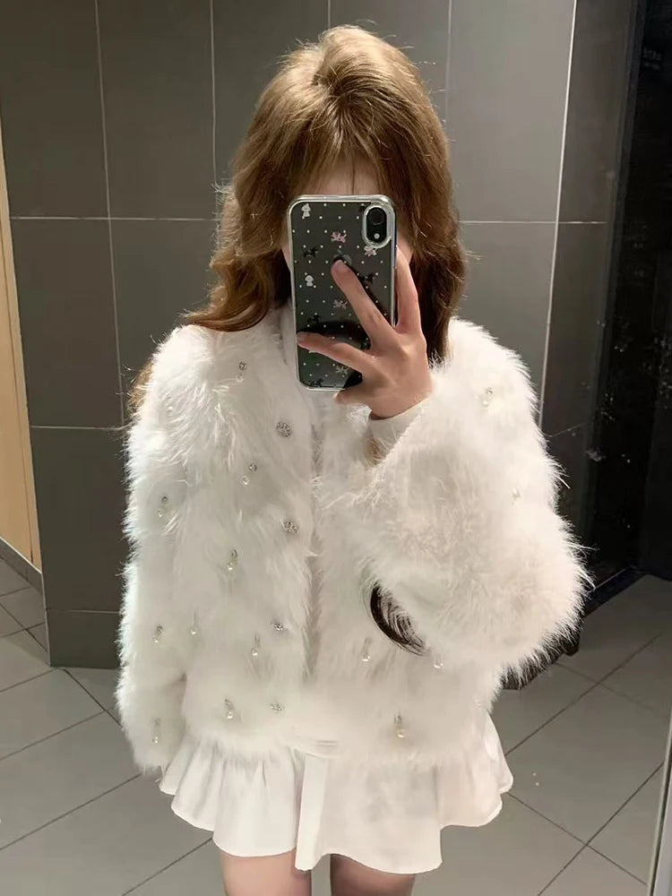 Bxoxo Sweet Faux Mink Fleece Cardigan Sweater Women Korean Chic Beading Thick Fur Coat Y2K Korean Loose Long Sleeve Hairy Sweater New