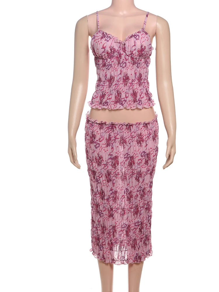 BXOXO See Through Print Folds 2-Piece Set Women Backless Sleeveless Suspenders+Elasticated Waist Skirts Holiday Matching Suit