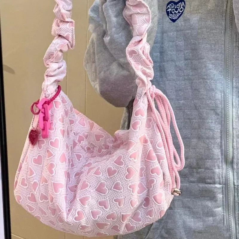 BXOXO Fashion Cute Women Shoulder Bag Heart Printed Korean Style Pink Handbag New Casual Large Capacity Pleated Crossbody Bag