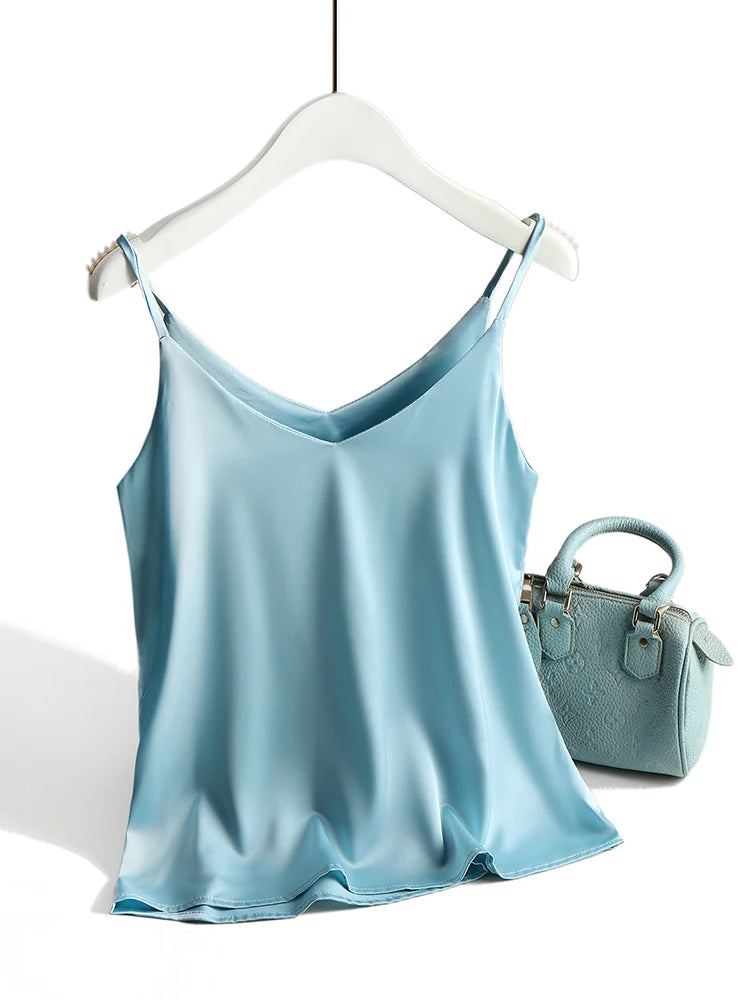 Bxoxo Spaghetti Strap Top Women Halter V Neck Basic White Cami Sleeveless Satin Silk Tank Tops Women'S Summer Camisole