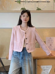 Bxoxo Pink Sweet Tweed Jackets Women Vintage O Neck Cute Elegant Long Sleeve Short Coats Retro Casual Single Breasted Pockets Outwear