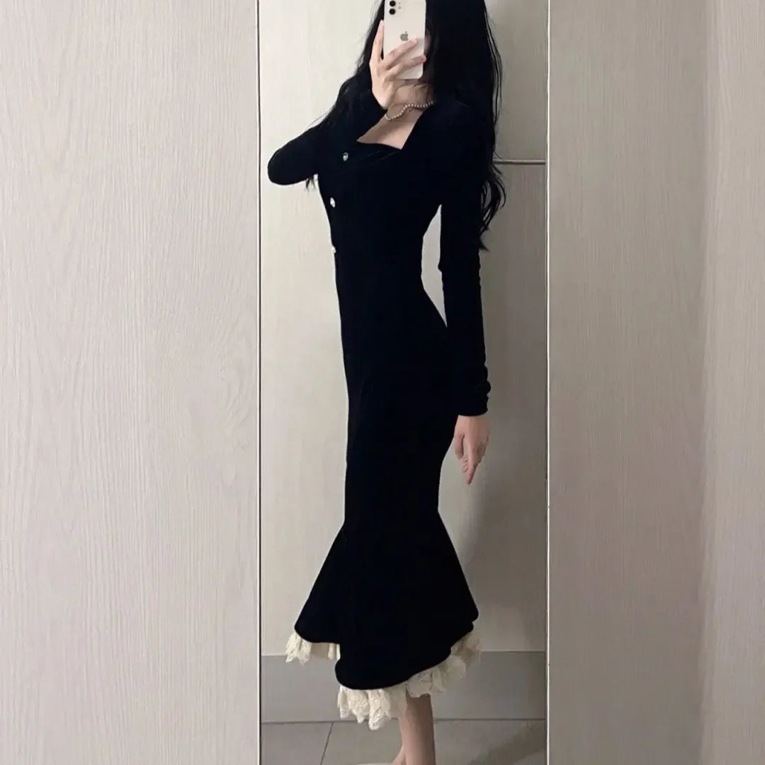 BXOXO Elegant Black Velvet Dress Women's Long Sleeve Fish Tail Simple Style European And American Fashion Autumn/Winter French Chic