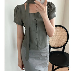 Bxoxo Summer ort Sve irt Single Button Square Collar Tie Design Casual Sle Pure Color Polyester Fiber 00%