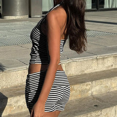 BXOXO Women Casual Striped Print Two Piece Sets Vintage Halter Crop Top and Low Rise Skinny Shorts y2k Streetwear Outfits Basic