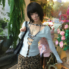 BXOXO Japanese Y2k Hollow Out T-shirt 2000s Aesthetics Long Sleeve Beaded Tops Vintage Harajuku Sexy Streetwear American Retro