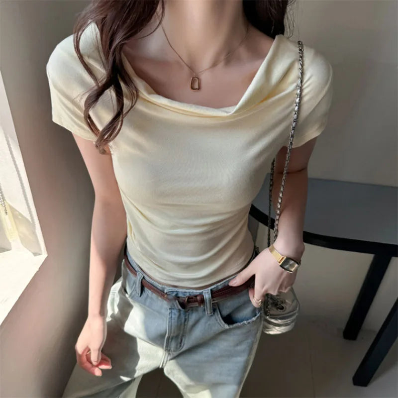 Bxoxo Summer Women's Cropped T Shirts Elegan Slash Neck Short Sleeve Tops Female Korean Slim Office Ladies Basic Tees New
