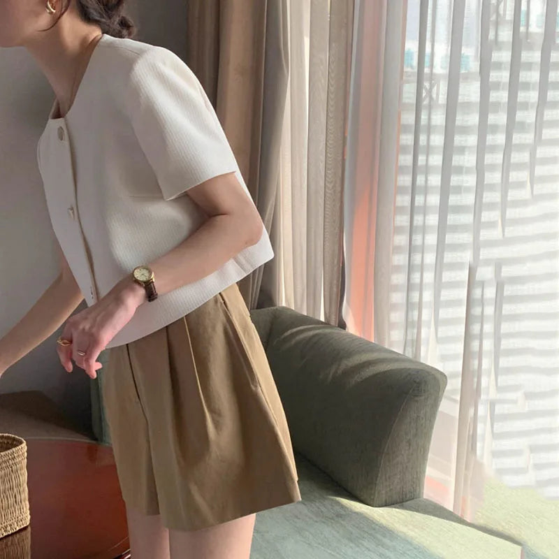 Bxoxo Korean Chic Short Sleeve Jacket Women Summer Fashion Single Breasted O Neck Coats Y2K Solid All-Match Ladies Short Jackets
