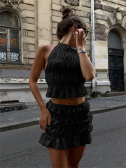 BXOXO Beach Style Ruched Sexy 2 Piece Set Women Y2K Thin Vacation Backless Camisole+Mini Skirts Midnight Clubwear Outfits