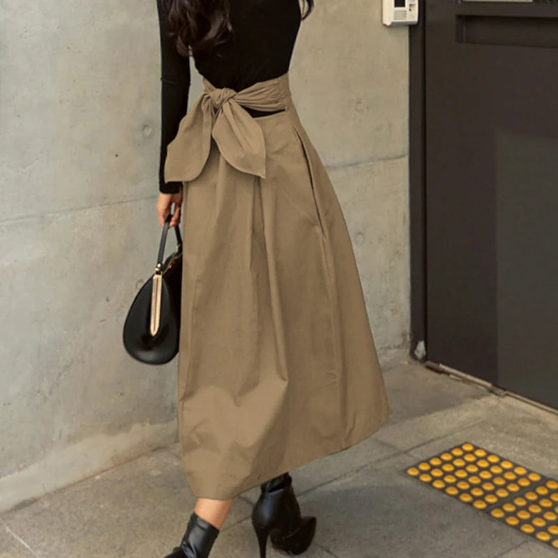 Bxoxo Skirts Womens Korean Fashion Solid Color Big Swing Ladies Skirt Long Skirt Autumn Wild High Waist Bow Slim Skirts