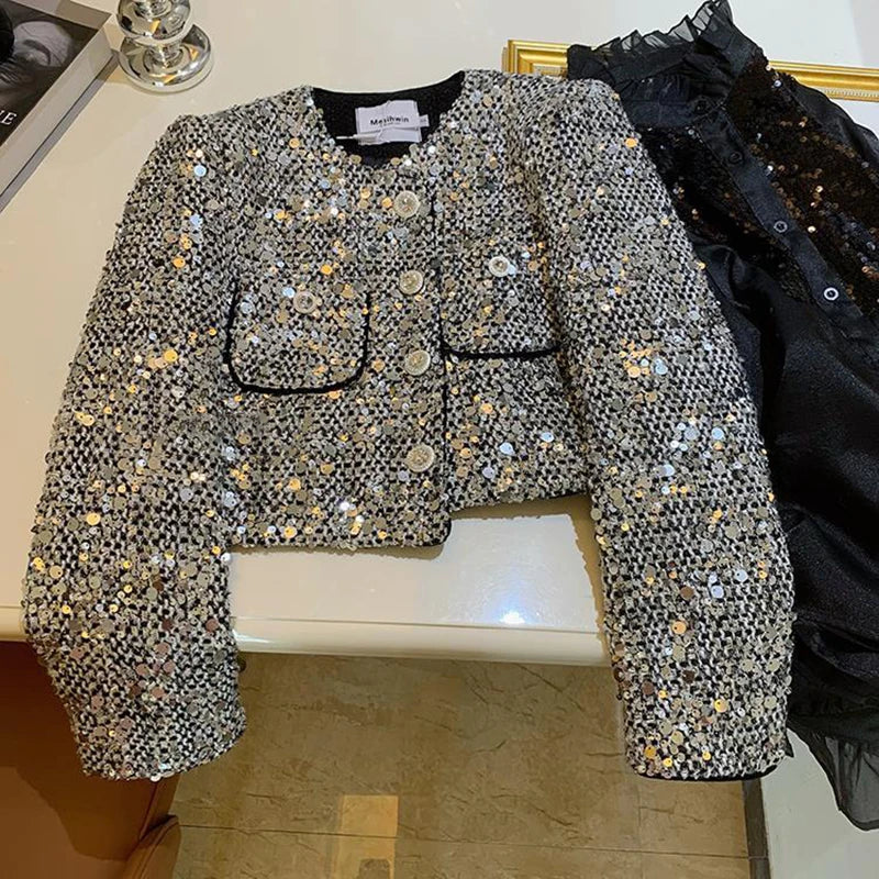Bxoxo Elegant Sequins Tweed Women Jackets Spring New Long Sleeve Casual Female Coat Y2K Korean Chic All Match Dance Party Lady Outwear