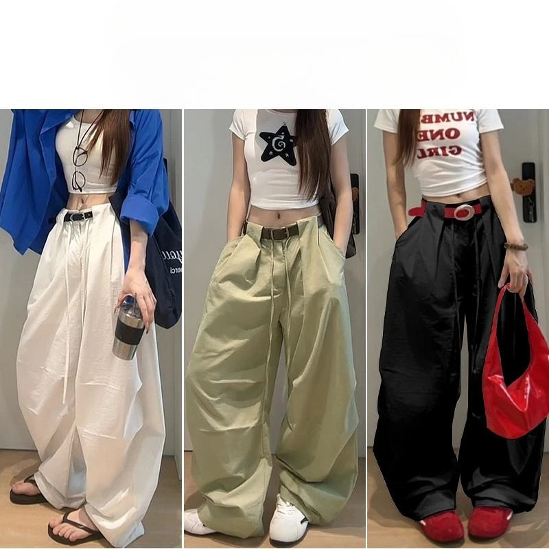 Bxoxo White Basic High Waist Wide Leg Women Pants Solid Color Korean Fashion Parachute Trousers Baggy Lace Up Youthful Summer