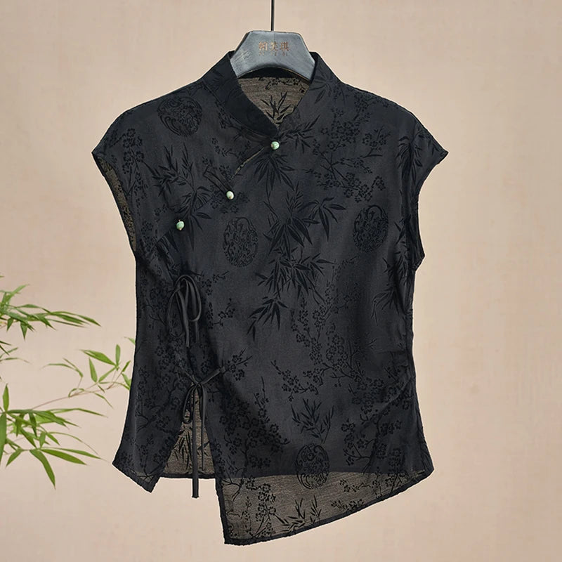 Bxoxo Retro Thin Shirt New Chinese Style Cheongsam Top Black Jacquard Short Sleeve T-shirt Summer Mature Fashion Women's Clothing