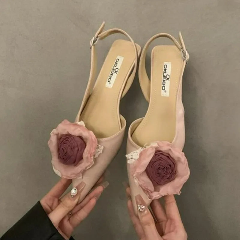 BXOXO New Flower Designer Sandals Women Elegant Satin Mule Shoes Summer Pointed Toe Pumps Low Heel Flowers Slingback Sandals Female