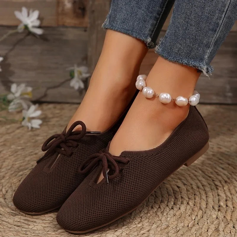 BXOXO Autumn Mesh Breathable Women's Flat Shoes Solid Simple Ballet Flats Female Casual Lace-up Walking Shoes for Women