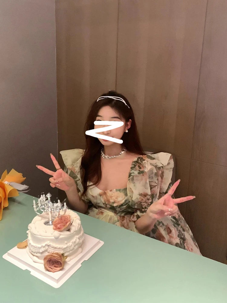 Bxoxo Summer Even Floral Dress Women Casual Short Sleeve Long Dress Office Lady Birthday Party Formal Dress Korean Holiday Chic