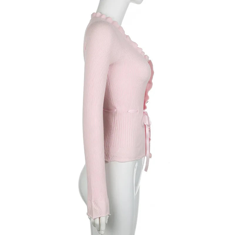 Bxoxo Fairycore Clothing Top y2k Women Ruffle Lace Patchwork Long Sleeve Knitted T Shirt 2000s Coquette Clothes Streetwear