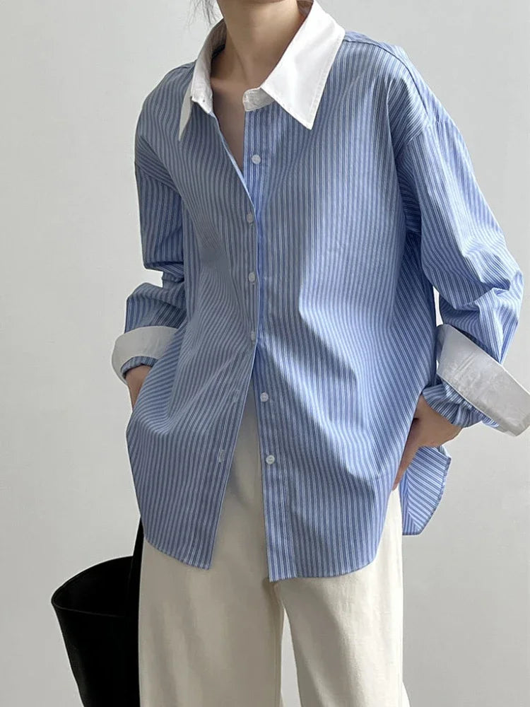 Bxoxo  Spring New Blouse Blue and White Striped Contrasting Design Shirts Women Korean Fashion Loose Versatile Mid-length Top Wome