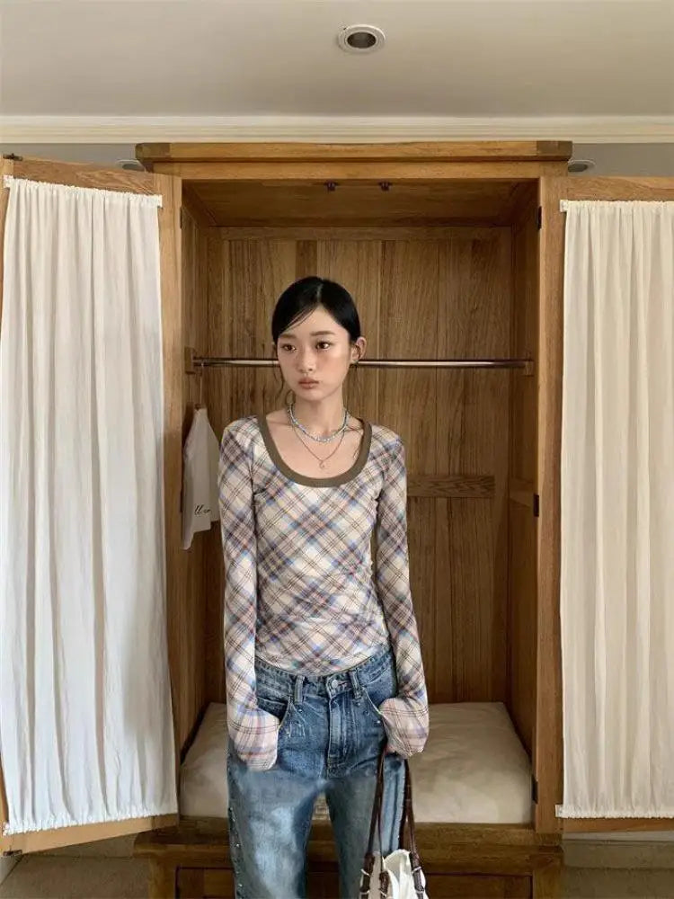 BXOXO Vintage Plaid T Shirt Women O Neck Skinny Tee Tops Streetwear American Retro 90s Crop Tops Autumn  Tshirts Female Chic
