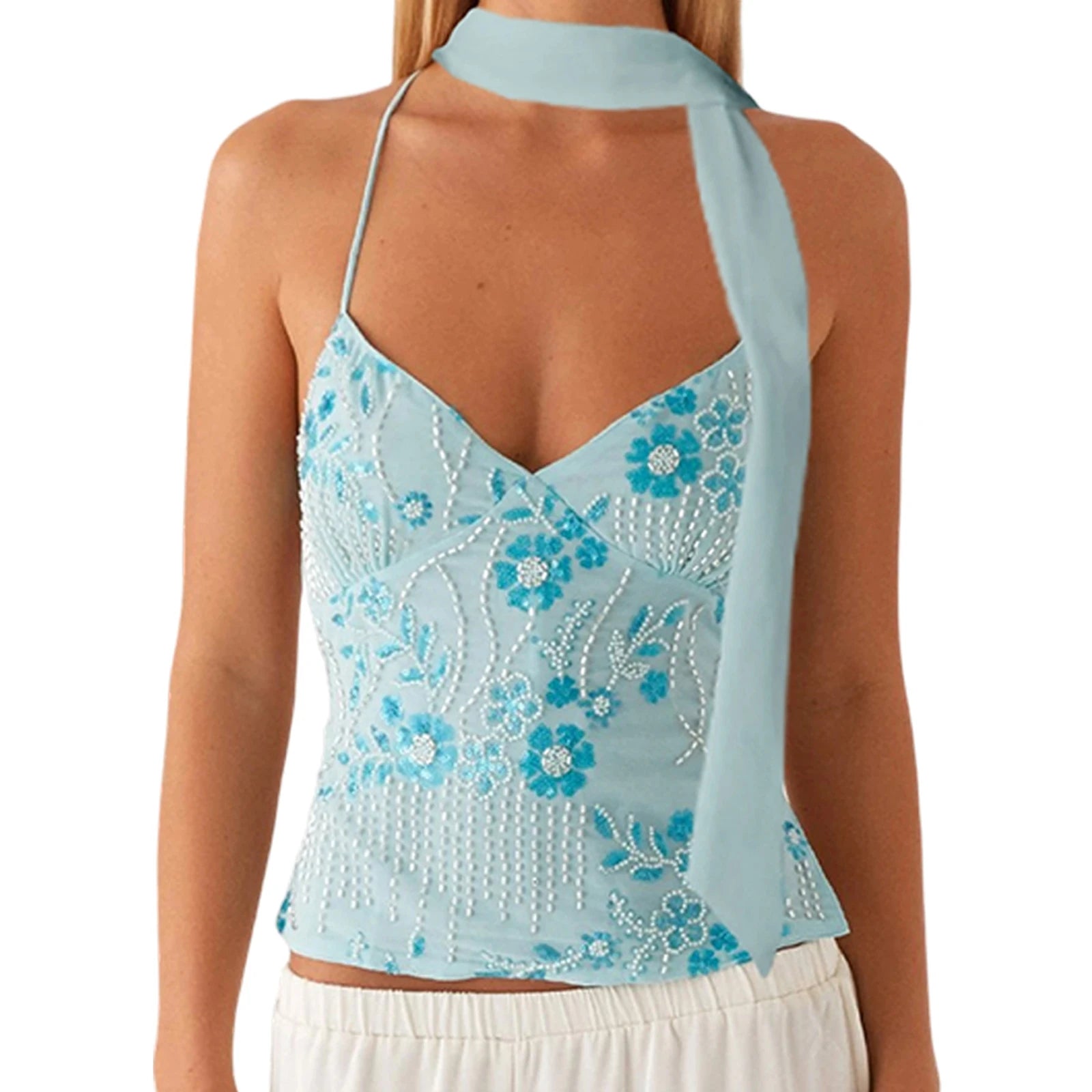 BXOXO Chic Women Sequins Beaded Flower Embroidery V-Neck Casual Tank Tops Summer Fashion Sleeveless Tops with Choker Scarf