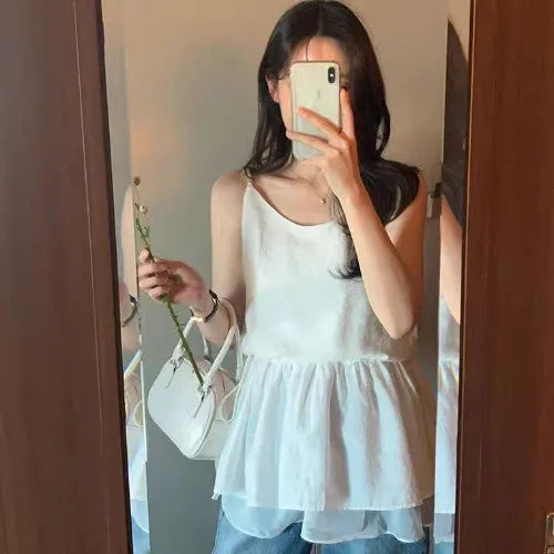 Bxoxo Spring Summer Layered Design Dstring Waist ter irt Women's Vest Top Polyester Fiber 00% New Sle ter Ne irt