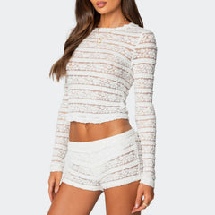 BXOXO Women Y2K Floral Lace Shorts Set 2 Piece Sheer Outfits Long Sleeve Semi See Through Top Bodycon Shorts Matching Set