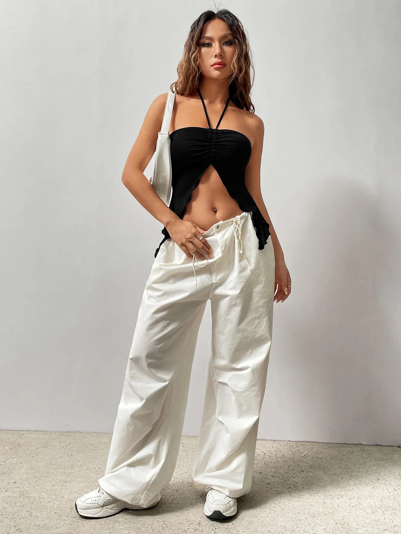 Bxoxo Ruched Front Crop Halter Top, Y2K Sexy Split Backless Halter Top For Summer, Women's Clothing