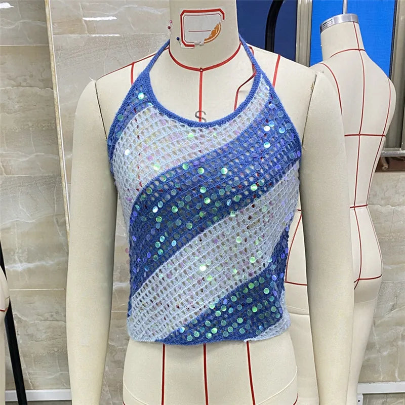 BXOXO Women y2k Sexy Glitter Sequin Halter Tank Tops Sleeveless Backless Hollow Knit Sling Cropped Camisole Vacation Beach Top