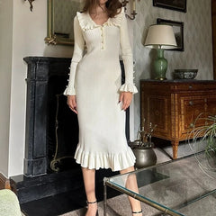 Bxoxo Elegant Knitted Long Skirt Women Black Vintage Long Sleeve Party Dresses Sweet Ruffle Patchwork Sweater Maxi Dress Slim