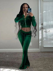 BXOXO Solid Velour Two Piece Set Women Simple Casual Zipper Long Sleeve Turtleneck Top+Bandage Lace Slim Female Wide Leg Pants
