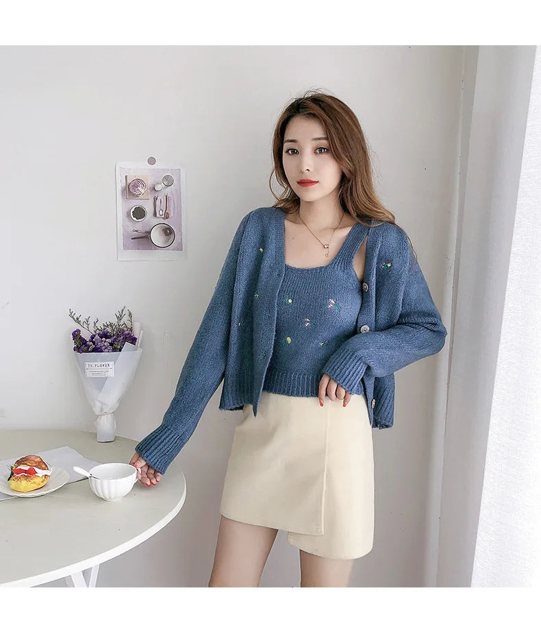 Bxoxo Two-piece Top Suit Flower Embroidered Knitted Korean Style Cardigan Autumn Fashion Sling Sweater Slim Sweet Jacket Sets