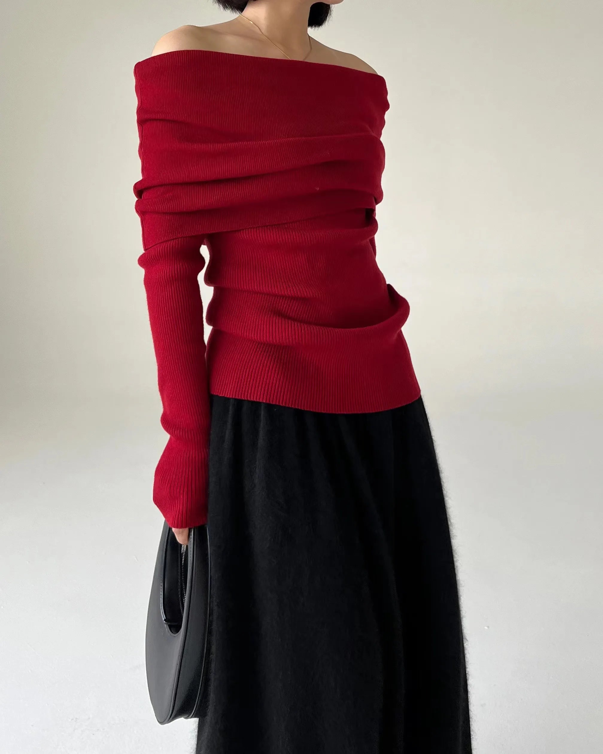 Bxoxo Spring Autumn Off Shoulder Women Sweaters Elegant Vintage Knitted Solid Jumper High Stretch Top  C-038
