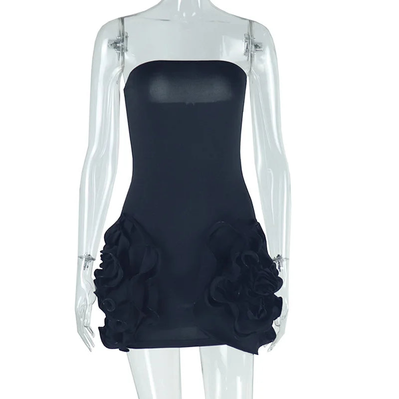 BXOXO Christmas Birthday Banquet Party Elegant Y2K Summer Bodycon Dresses Women Chic 3D Flowers Hem Skinny Sexy Strapless Dress