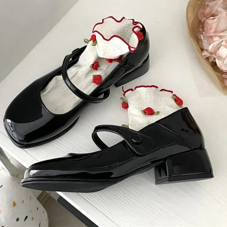 BXOXO Retro Red Mary Jane Shoes Women Thick Heels Ankle Buckle Lolita Shoes Woman Student French Square heel shallow mouth single shoe